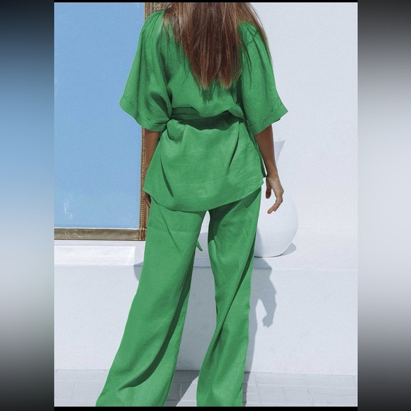 Commense Oversized Linen Tied Two Piece Kimono & Pant set - Picture 5 of 13